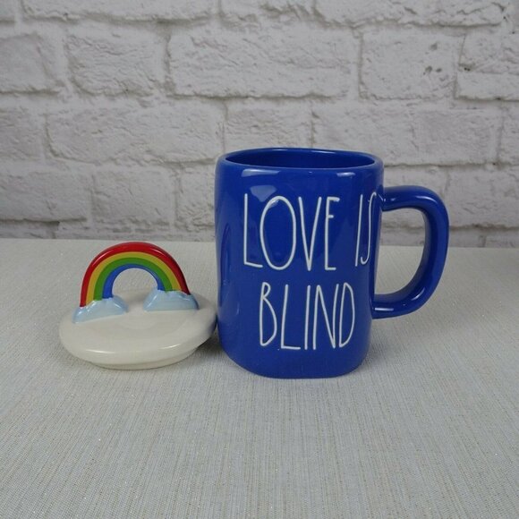 RAE DUNN Rainbow 🌈 Figural Mug Love Is Blind Blue With Lid Pride Decor New - Picture 10 of 12